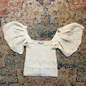 Zara Cream Knit Top with Statement Sleeves size small